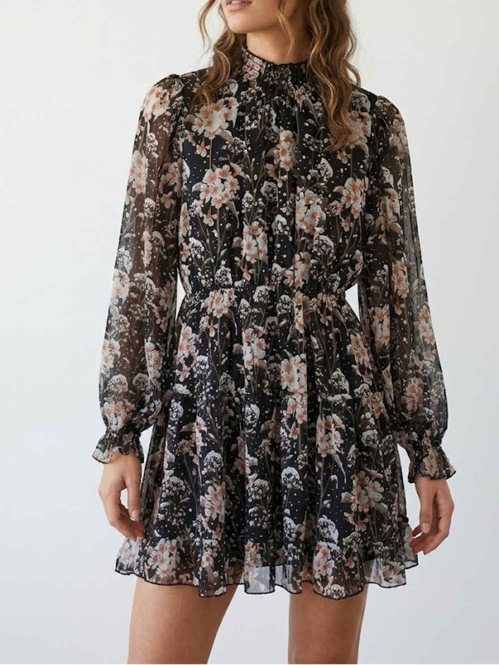 O.P.T Lluvia Black Floral Chiffon Tiered Mini Dress Small